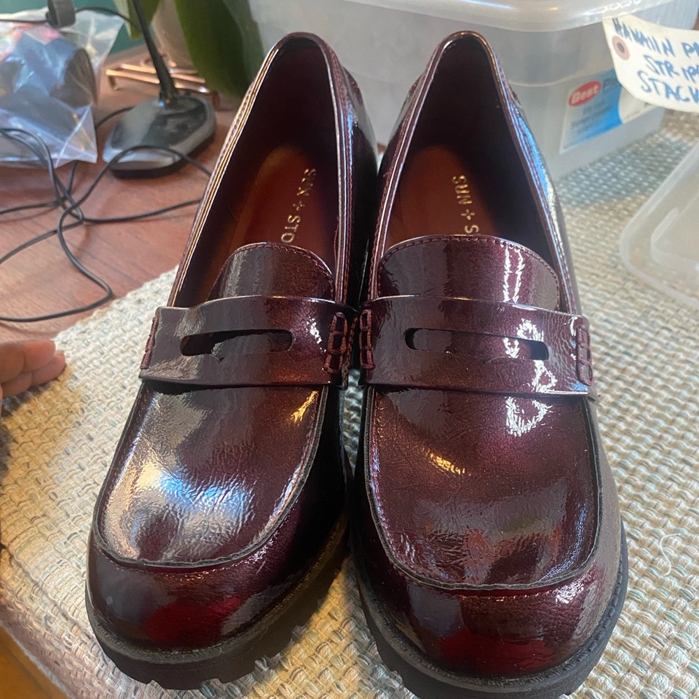 Sun + Stone Burgundy/Metallic Loafers with Comfy Black Heel